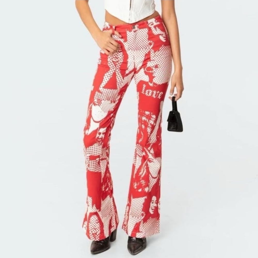 Edikted Andy Print Flare Jeans size XS NEW